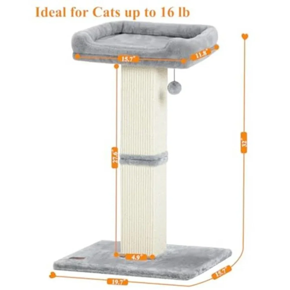 32 Inch Cat Scratching Post Indoor Cats Sisal Scratcher with Plush Perch Bed